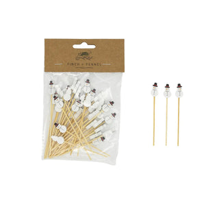Bamboo snowman-shaped serving picks, natural with white and black heads, set of 50.