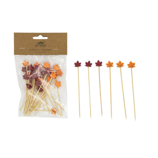 Bamboo leaf-shaped cocktail picks with red and orange leaf toppers on natural sticks, set of 50