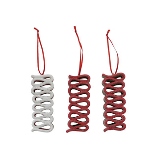 Clay striped ribbon candy ornament set of 3 with glitter in white and red tones, hung on red cords