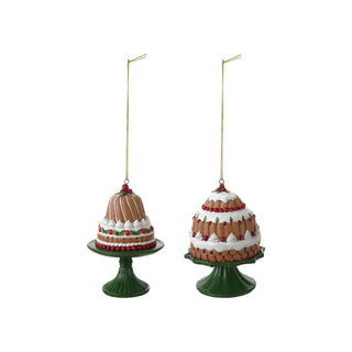 Resin cake on pedestal ornament set, two cakes on green stands with red berries and gold hanging strings