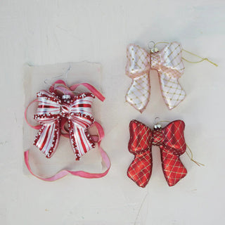 Hand-painted glass bow ornaments, 4-piece set featuring pink lattice bow and red lattice bows.