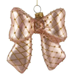 Set of two hand-painted glass bow ornaments with gold lattice pattern in pink and red