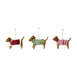 Wool felt dachshund ornament set of 3 wearing red, green, and pink sweaters.