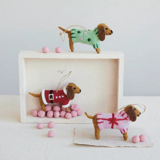 Wool felt dachshund ornament set (3) in sweaters: green, red, and pink plaid with hanging loops