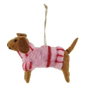 Wool felt dachshund ornament in pink sweater by Creative Co-Op