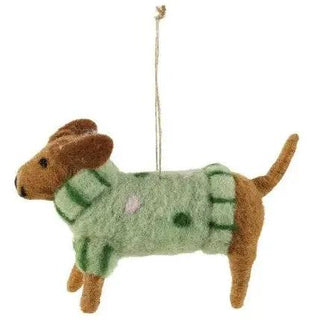 Wool felt dachshund ornament with green sweater and twine hanger.