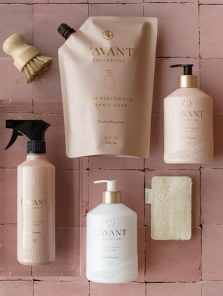 Hand soap refill pouch in blush pink with gold lettering, Blushed Bergamot scent, 32 oz