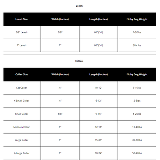 Mermaid Collar sizing chart for leashes and collars; leash widths 5/8–1 in and collars from Cat to X-Large 1/2–1 in.