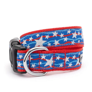 Star Spangled Dog Collar, patriotic red and blue nylon with silver stars and metal D-ring.