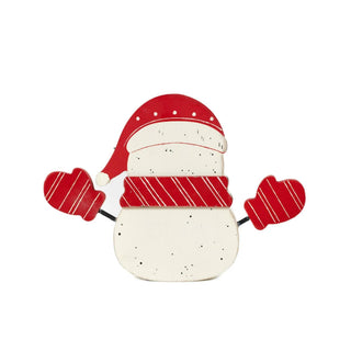 Wooden snowman ornament, chunky 8x6, with a red scarf and striped red mittens.