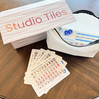 American Mahjong tile set with 166 tiles in two-color blue, Studio Tiles packaging and zipper pouch