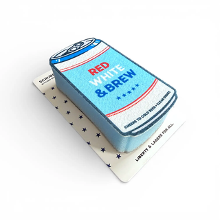 Beer Scrubbly patriotic blue kitchen sponge shaped like a beer can with Red White & Brew label.