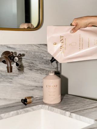 Hand soap refill pouch and pale pink bottle, Blushed Bergamot.