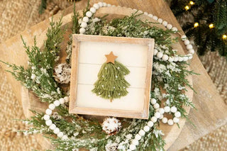 Wood frame sign 7x7 with a green tassel Christmas tree, star topper, white bead garland.