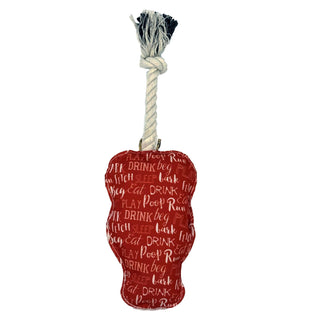 Lobster-shaped rope dog toy, red with a cream rope handle