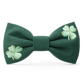 Clover-embroidered dog bow tie in emerald green satin