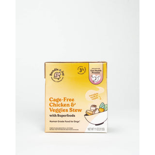 Cage-Free Chicken & Veggies Stew with Superfoods dog food box, orange gradient packaging, 11 oz