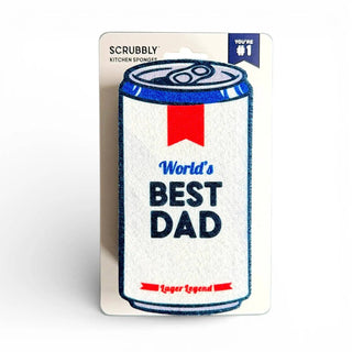 Scrubbly kitchen sponge in a beer-can shape; World's Best Dad on the label with blue borders and a red ribbon.