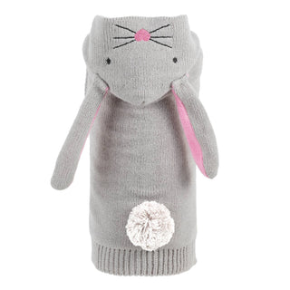 Bunny Hop Hoodie for dogs, grey knit with bunny-face hood, pink inner ears, and white pom-pom tail.