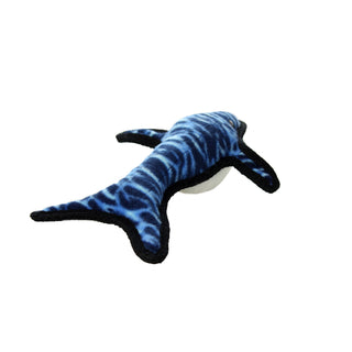 Whale-shaped blue dog toy with black trim and squeaker