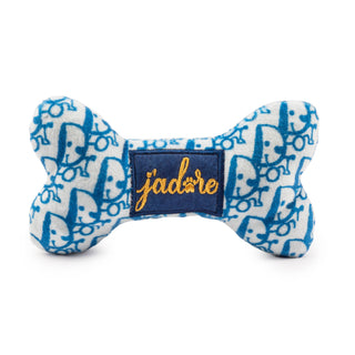 Dogior Bones toy, blue and white plush with Jadore label