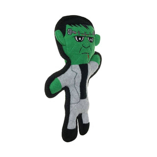 Frankenstein dog toy plush, green with gray suit and black trim, squeaky with multiple squeakers