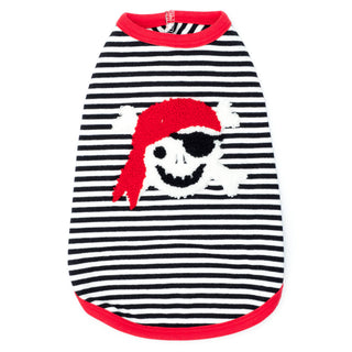 Pirate Tee for dogs with black and white stripes, red trim, and a pirate skull applique.