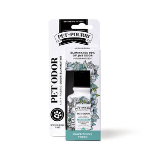 Pet odor eliminator spray bottle in white packaging with botanical illustration and teal accent label