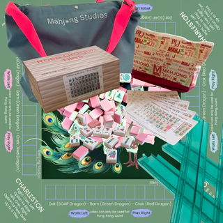 Rose Dragon American Mahjong Tile Set, 166 tiles, pink and white tiles with wooden box and cloth tote