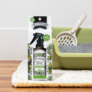 Litter box odor eliminator spray in boxed packaging with Purrfectly Bamboo scent