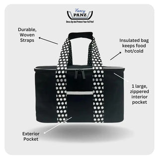 Insulated travel bag with black exterior, white polka-dot woven straps, exterior pocket, and large zippered interior pocket