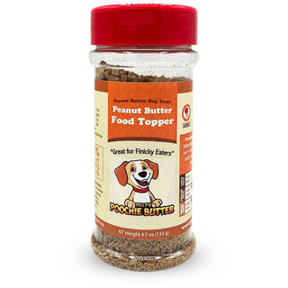 Dog Food Topper bottle, peanut butter flavor, orange label with red cap.