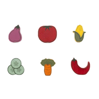 Wood vegetable shapes set, 6 pieces (2x2 in): red tomato, purple eggplant, yellow corn