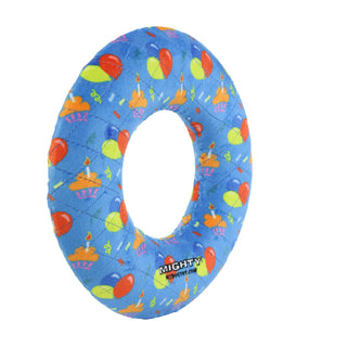 Mighty Ring-Celebration blue donut-shaped squeaky dog toy, no stuffing