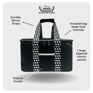 Insulated travel bag in black with white polka-dot woven straps; exterior pocket and large zippered interior pocket.