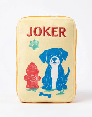 Muttjong Tile Plush dog toy, tan/yellow plush with orange trim, Joker artwork and blue dog image