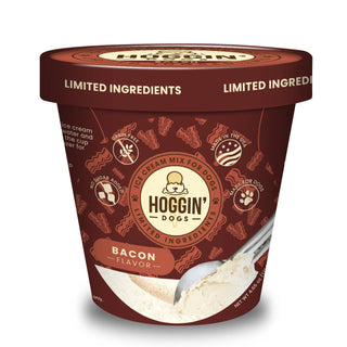 Hoggin' Dogs ice cream mix for dogs, bacon flavor, no sugar added, burgundy tub 4.65 oz