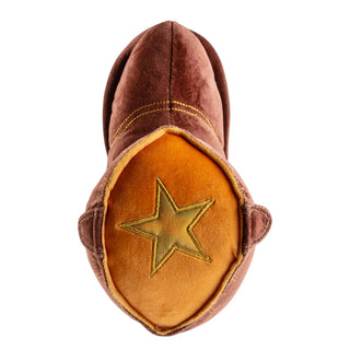 Brown suede-style cowboy boot dog toy with embroidered star patch and yellow stitching