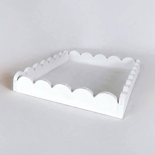 Wood scallop tray, white, with scalloped edge design, 13x9x2 inches; decorative tray for tabletops.