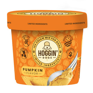 Hoggin' Dogs pumpkin-flavor ice cream mix for dogs in orange tub
