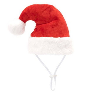 Ho Ho Ho Party Hat, red plush Santa-style hat with white faux fur trim and adjustable chin strap
