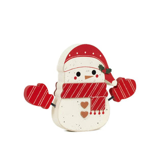 Snowman ornament, wooden 8x6 chunky shape with red scarf