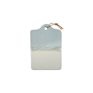 Stoneware cheese board with hanging jute tie, blue-grey reactive glaze with unique variations.