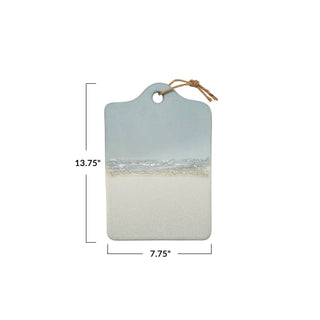 Stoneware cheese and serving board with jute tie, blue-to-cream reactive glaze; each piece varies