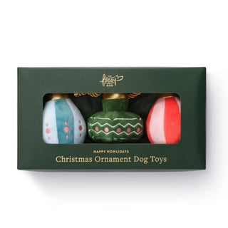 Christmas Ornament Boxed Dog Toy Set of 3; features The Foggy Dog logo and blue, green, red ornament toys.