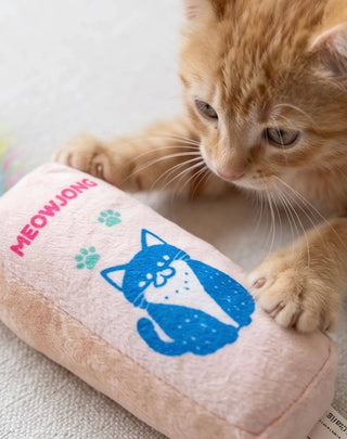 Meowjong tile catnip toy, pink plush with blue cat print