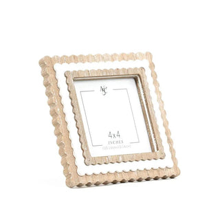Two wood scallop photo frames for 4x4 photos, natural wood with white inner border.