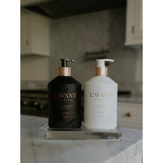 Lucite Tray - Medium with two pump bottles, black and white, copper pumps