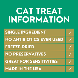 Birthday Purr-resnt Freeze-Dried Cat Treats info: single ingredient, no antibiotics, no preservatives, USA-made.