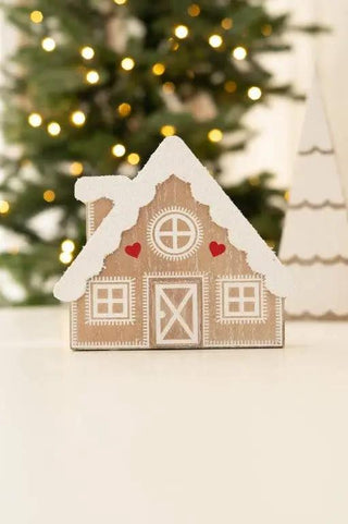 Cabin-shaped wooden Christmas decor ornament, natural wood with white snow-topped roof and red hearts, 6x5.